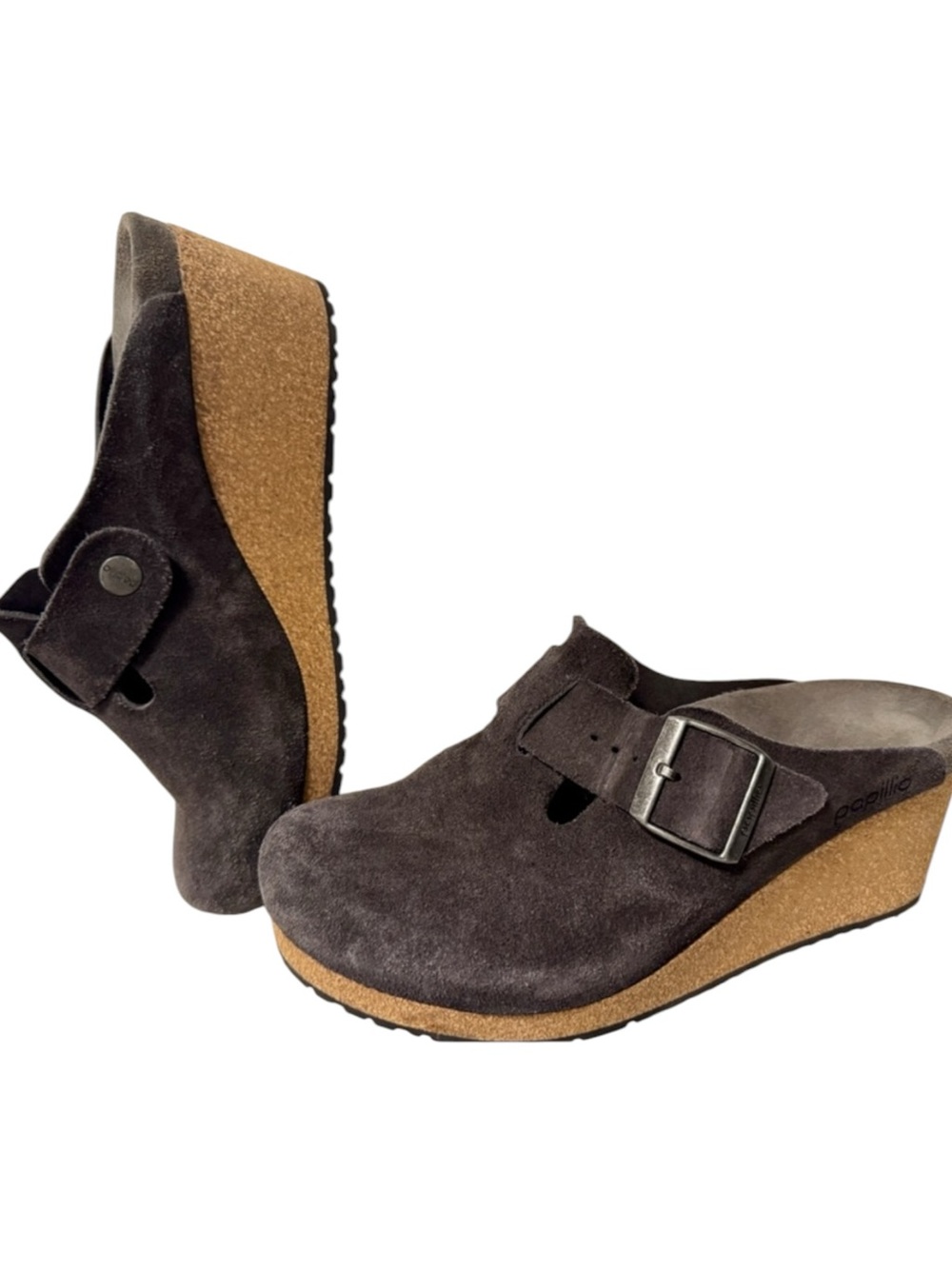Birkenstock Papillio Women’s Gray Suede Wedge Clog with Buckle 38